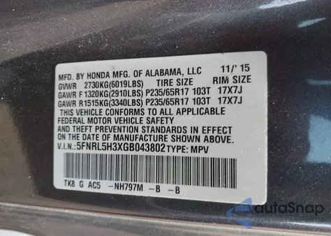 2016 Honda Odyssey Se из США, поврежденный, VIN 5FNRL5H3XGB043802